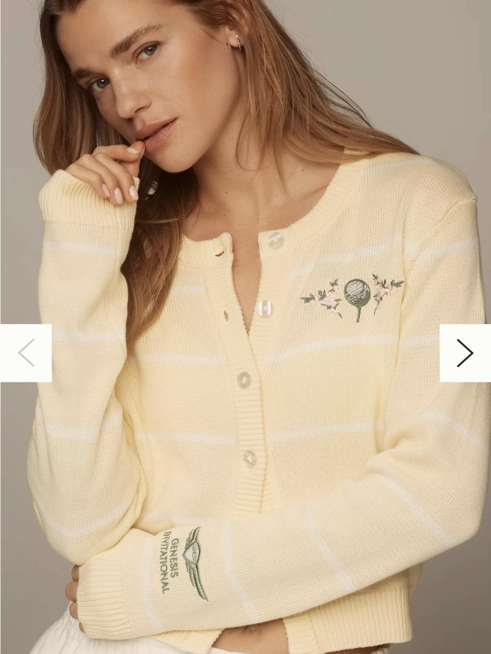 Anthropologie Pale Yellow Striped Embroidered Cardigan Genesis Invitational